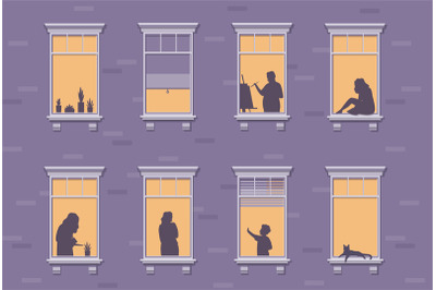 Neighbor characters. Windows with people stay at home&2C; silhouettes of