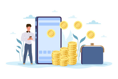 Online money transfer. Tiny man standing with phone, huge smartphone w