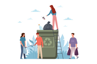 People sorting garbage. Tiny men and women with huge container, eco ac