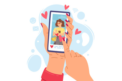 Two hands holding phone. Cartoon girl smartphone screen gets likes, so