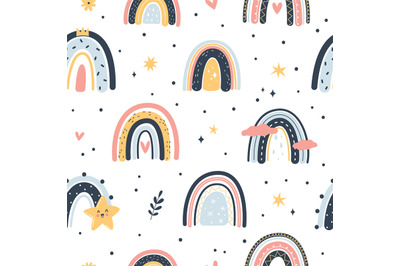 Cute boho rainbows seamless pattern. Hand drawn cartoon colors childis