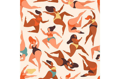 Body positive women seamless pattern. Overweight female in color cloth