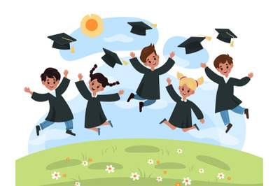 Kids graduation day. Kindergarten cute multiethnic children jump in bl