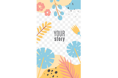 Stories with tropical leaves. Exotic flat vector layouts with leaves,