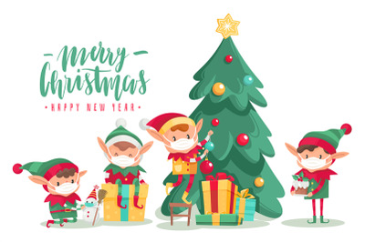 Christmas characters in masks poster. Cartoon vector elves in protecti