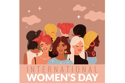 International women day. Young ladies different nationalities, female