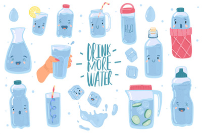 Drink more water. Cute drinking eco bottles characters, funny glasses