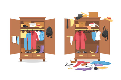 Messy clothes in wardrobe. Garments before, after organization in wood