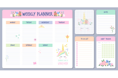 Weekly planner. Calendar days organizers with cute unicorn animal for