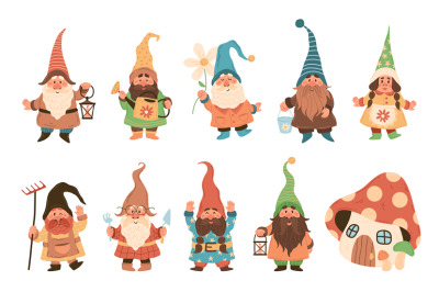 Gnome characters. Cute festive dwarfs with different attributes decora