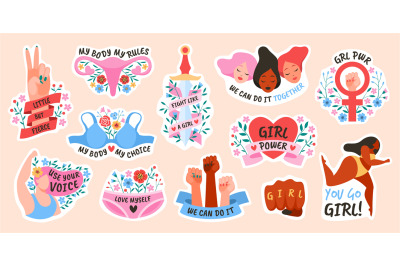 Girl power. Female movement feminist symbols&2C; stickers or comic bubble