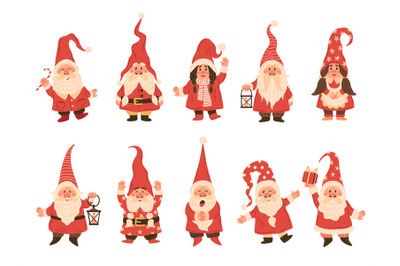 Christmas dwarfs. Adorable gnomes in red white costumes with lanterns&2C;