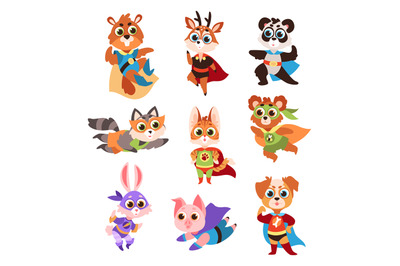 Hero animals characters. Cute children animals superheroes in active p