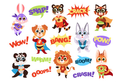 Superhero animals. Funny kids zoo heroes with capes and masks&2C; comic w