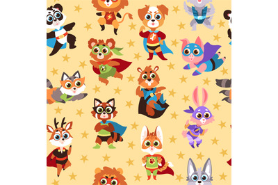 Hero animals seamless pattern. Kids superhero beasts&2C; costume mask cha