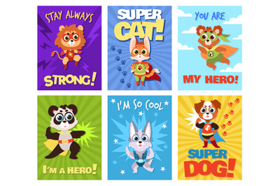 Hero animals cards. Children brave zoo superheroes with capes and mask