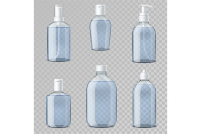 Hand sanitizer bottles. Realistic transparent vial templates&2C; plastic