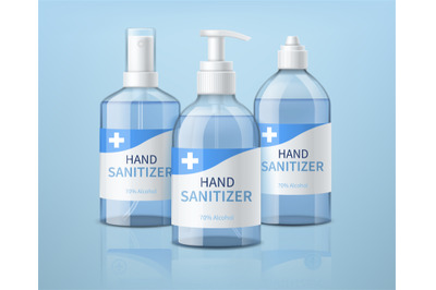 Realistic hand sanitizer bottles. 3d antibacterial cleanser different