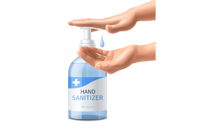 Realistic hands sanitizer bottle. 3d dispenser pump bottle with human