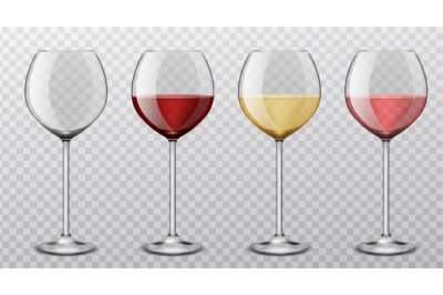 Realistic wine glasses. Different wine types red, white, pink alcoholi