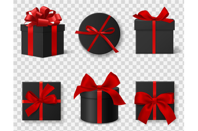 Black gift box. Realistic 3d dark cardboard round and square boxes wit