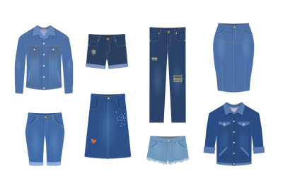 Jeans. Trendy denim garment different blue female jeans pants, cotton