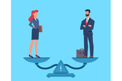 Gender equality. Man and woman in business suits standing on scales in