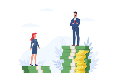 Gender gap. Man and woman standing on different heights dollar bills s