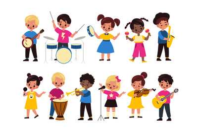 Children music orchestra. Kids music multiracial group, happy girls an