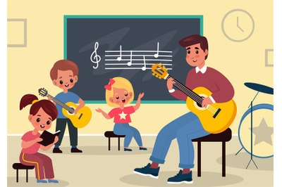 Music class learning. Young students listen teacher. Man with guitar t