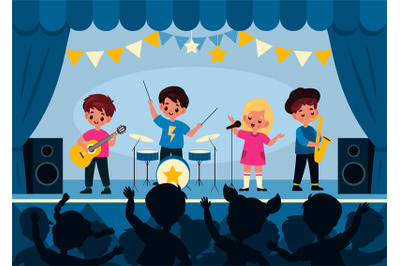 Kids music band. Children stage performance, girls and boys play music