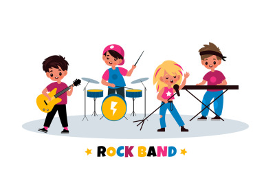 Kids rock band. Children music concert, young musicians quartet, playi