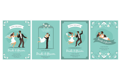 Bride and groom cards. Happy loving couple wedding ceremony&2C; flower fr