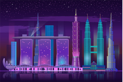 Neon skyscrapers. Retro 80s night cityscape, lights buildings futurist