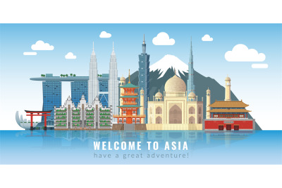 Asia skyline. Travel landmarks panoramic poster with text&2C; historical