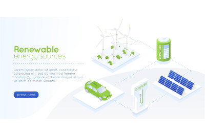 Isometric green energy landing page. Distribution alternative renewabl