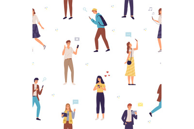 People use gadgets seamless pattern. Men and women with smartphones an