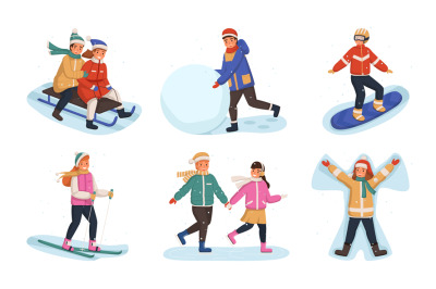 Winter outdoor games. Smiling kids activity spend time in snow, young