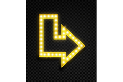 Arrow with lamps. Realistic glowing neon yellow symbol, electricity sh