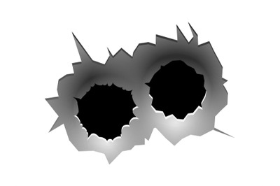 Bullet circle hole. Realistic bullets traces in metallic wall or auto,