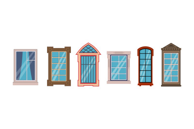 Cartoon windows frames. Colorful various wooden and plastic office, ho