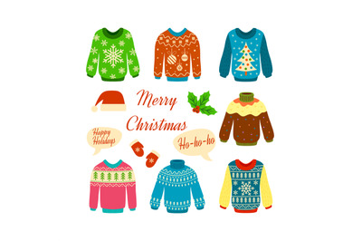 Christmas jumper set. Woolen Xmas ugly sweaters with cute patterns, pu