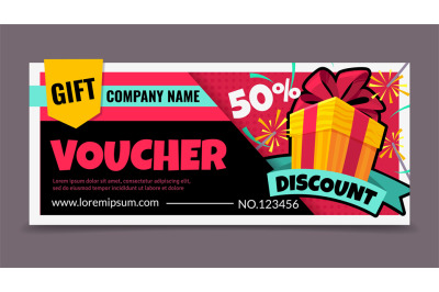 Gift voucher. Promotion birthday certificate with gift box, surprise d