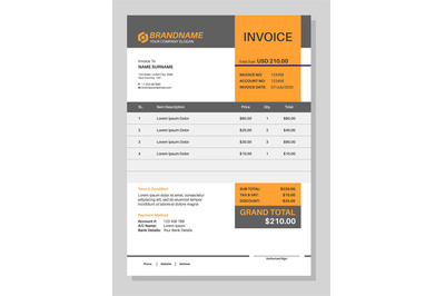 Invoice form. Work sales order template, paper sheet with table, minim