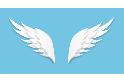 Origami wings. White paper cut angel logo&2C; flying feathers decoration