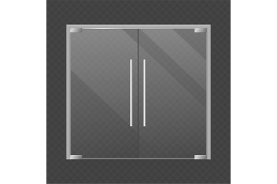 Realistic closed double glass store doors. Modern transparent supermar