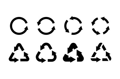 Recycling icon set. Black eco circle and triangles with arrows, emblem