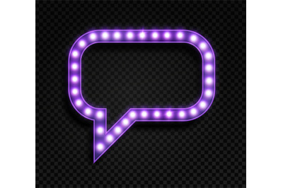 Speech bubble with lamps. Realistic glowing purple frame, shining retr