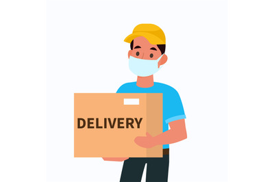 Delivery man in face mask. Courier holding box, male character express