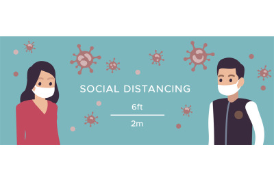 Social distance. Man and woman in medical masks safe distancing in pub